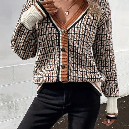 xieyinshe  Plaid Pattern Button Knit Cardigan, Vintage V Neck Long Sleeve Sweater, Women's Clothing