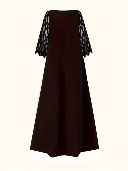 Plus Size Boho Dress, Women's Plus Colorblock Floral Print Contrast Mesh Long Sleeve Round Neck Maxi Dress