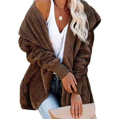 Solid Hooded Fuzzy Coat, Casual Long Sleeve Open Front Coat For Winter & Fall, Women's Clothing