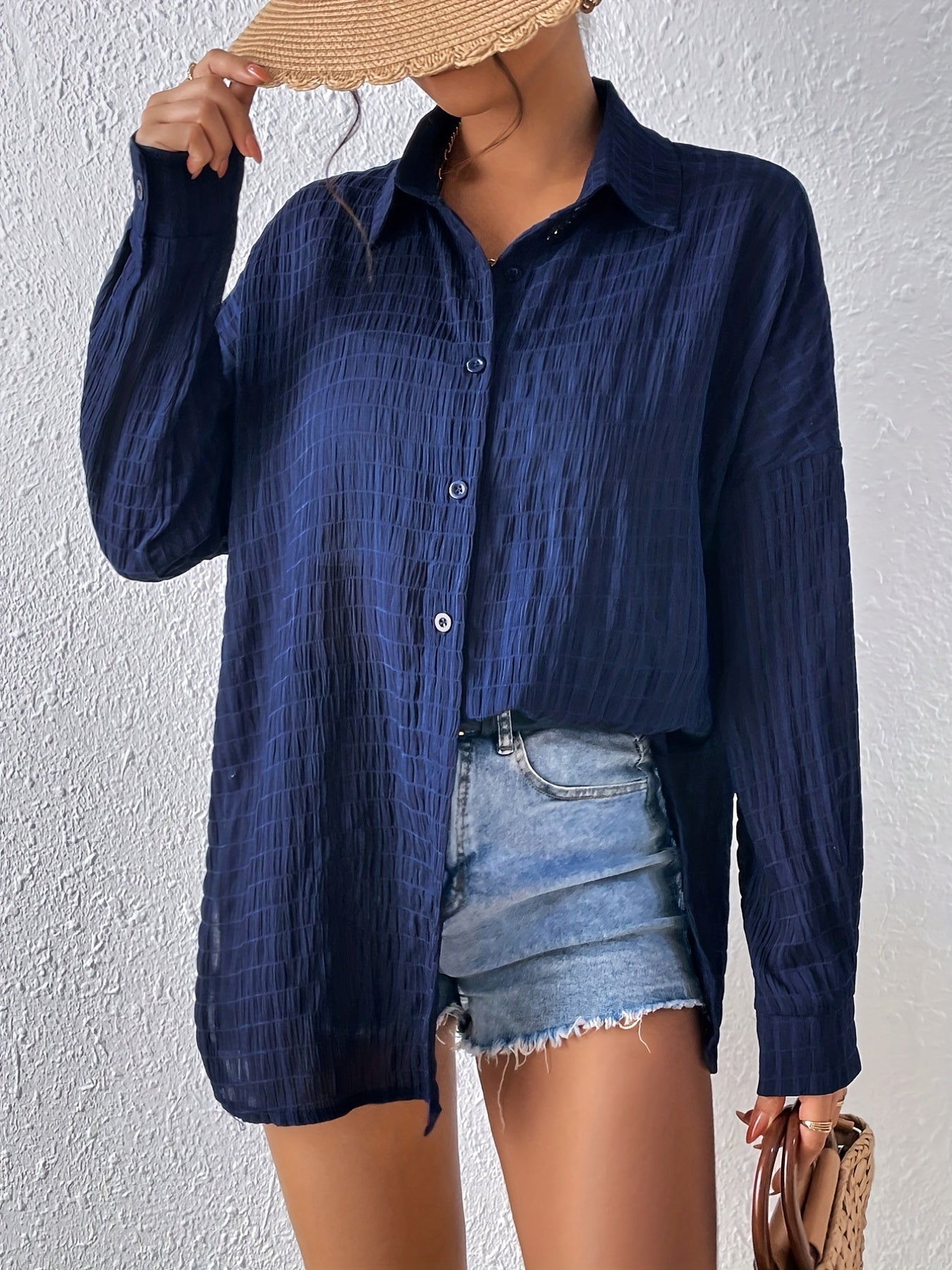 Solid Button Front Shirt, Casual Split Long Sleeve Collared Shirt, Women's Clothing