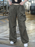 vlovelaw Plus Size Casual Pants, Women's Plus Solid Elastic Drawstring High Rise Loose Parachute Cargo Pants With Pockets