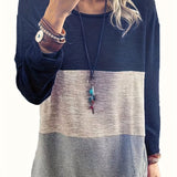 Plus Size Casual Top, Women's Plus Colorblock Long Sleeve Round Neck Medium Stretch Top