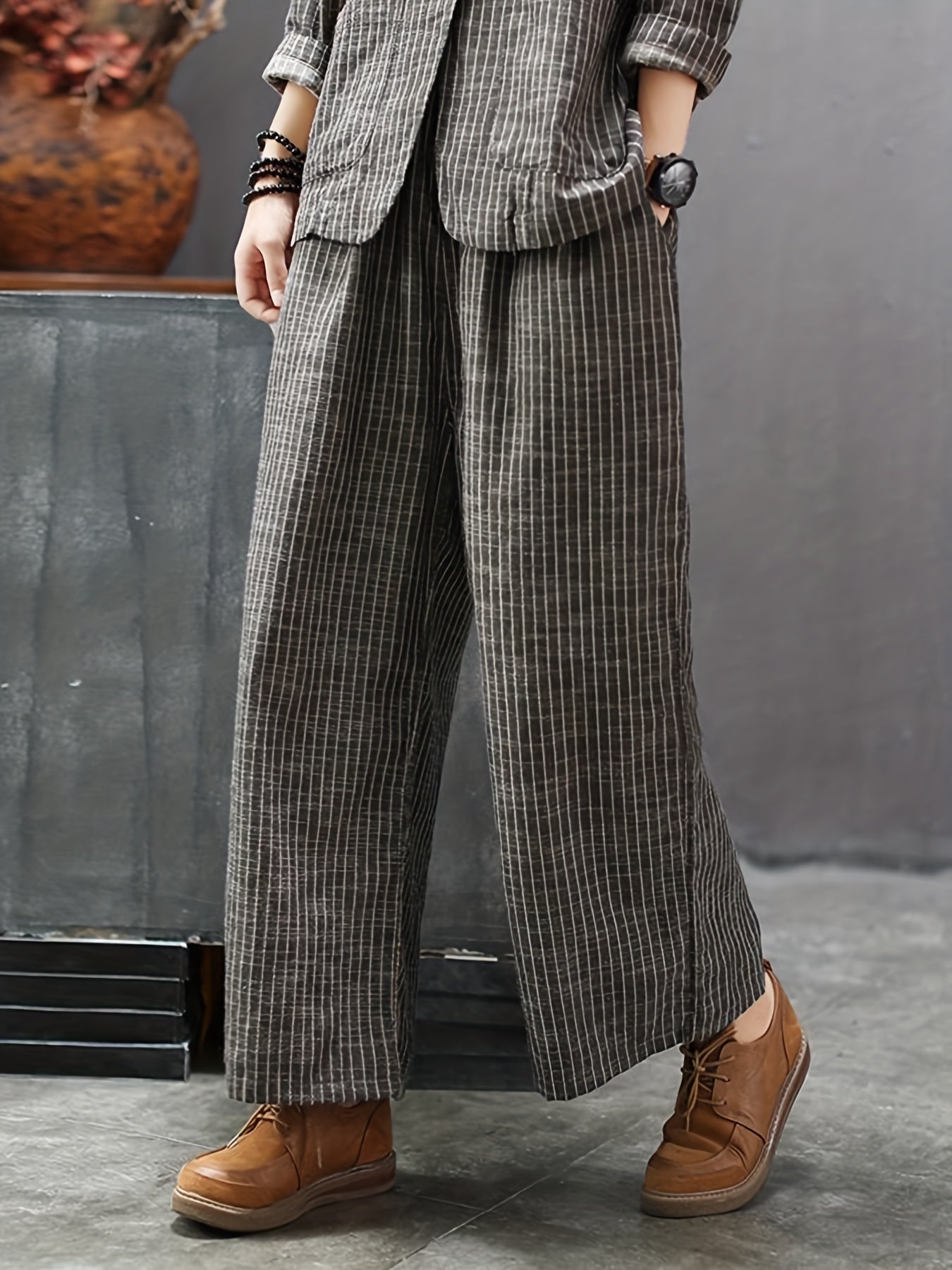 vlovelaw  Striped Print Casual Two-piece Set, Lapel One Button Long Sleeve Blazer & Long Length Wide Leg Pants Outfits, Women's Clothing