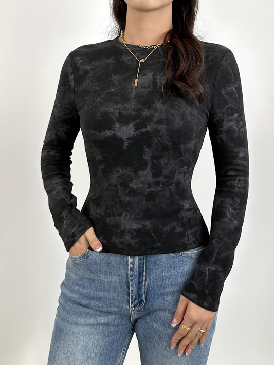 Tie Dye Crew Neck Slim T-Shirt, Casual Long Sleeve T-Shirt For Spring & Fall, Women's Clothing