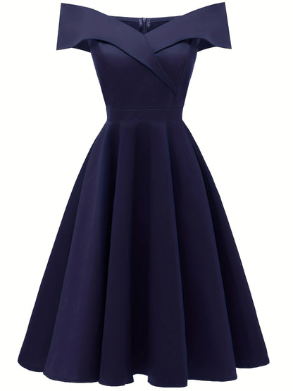 Off-shoulder Foldover Dress, Elegant Solid Color Flare Dress, Women's Clothing