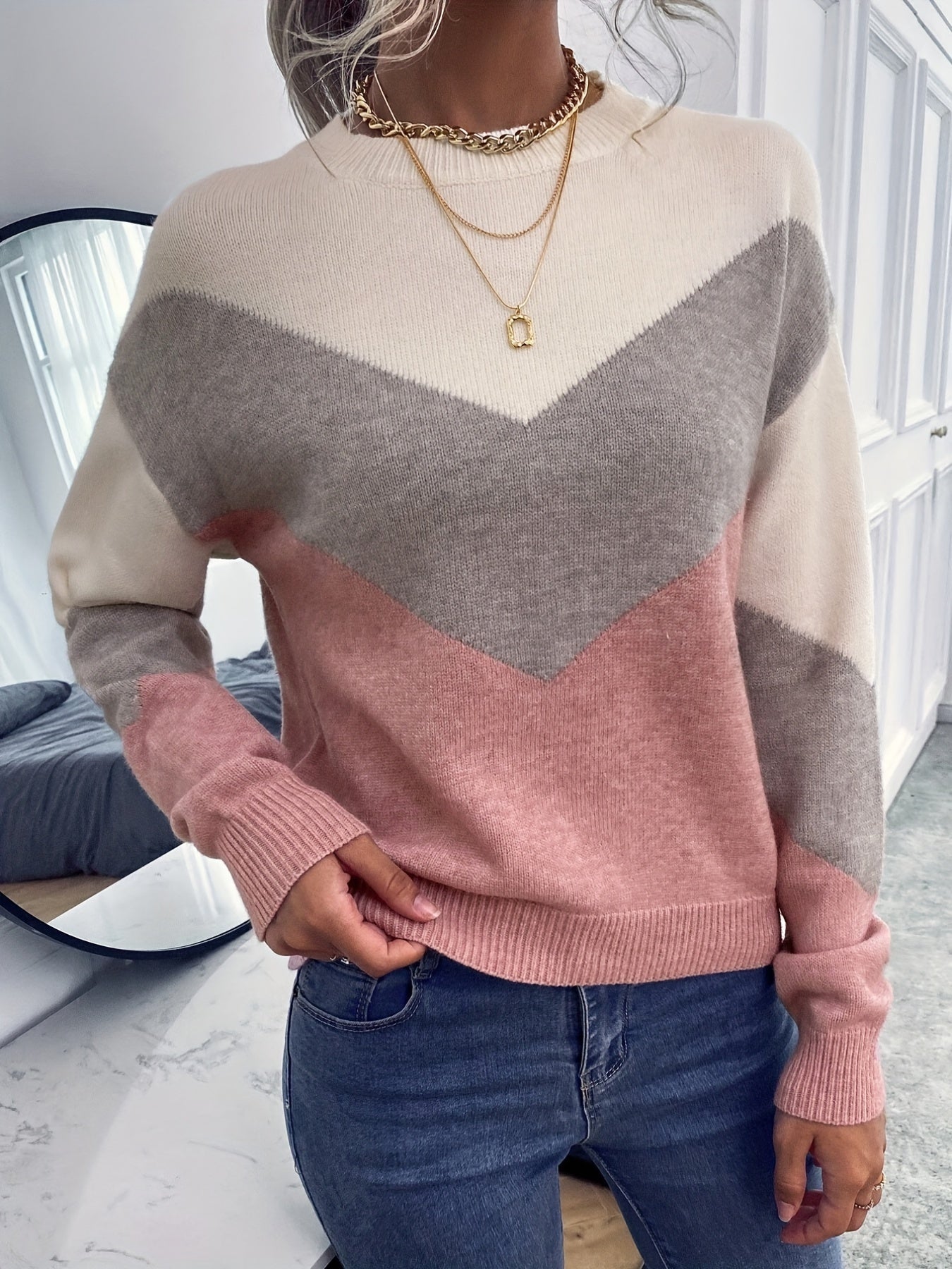 vlovelaw Color Block Crew Neck Sweater, Casual Long Sleeve Sweater For Fall & Winter, Women's Clothing