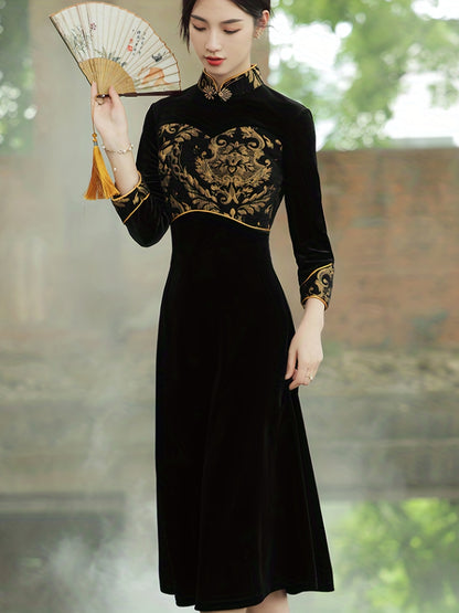 Chinese Vintage Cheongsam, Bodycon Short Sleeve Frog Button Mandarin Collar Dress, Women's Clothing