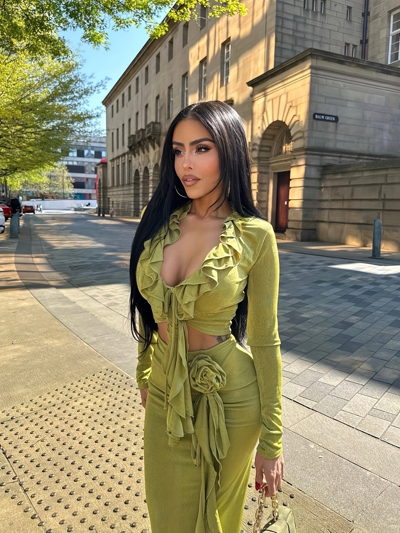 vlovelaw  Sexy Ruffle Trim Slim Skirt Set, Long Sleeve Crop Top & Velvet Bodycon Skirt Outfits, Women's Clothing