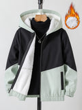 Girls Chevron Color Block Hooded Fleece Lined Windbreaker Jacket For Teen Kids Autumn And Winter