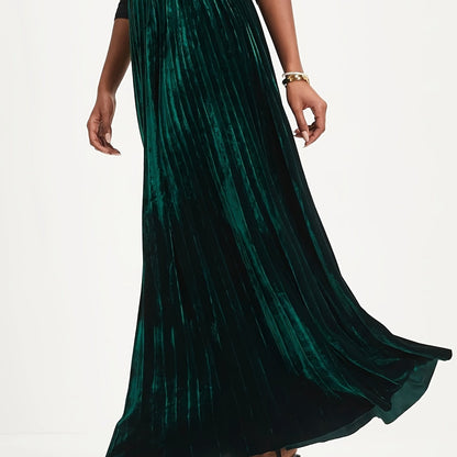Plus Size Retro Skirt, Women's Plus Solid Velvet Elastic High Rise Maxi Pleated Skirt