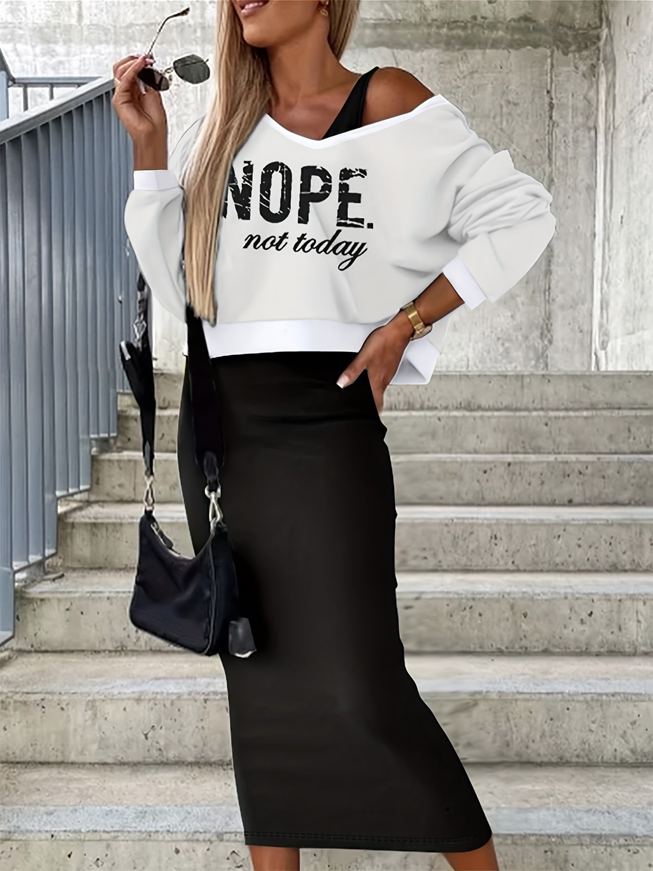 Letter Print Two-piece Dress Set, Long Sleeve Hooded Top & Sleeveless Tank Dress Outfits, Women's Clothing