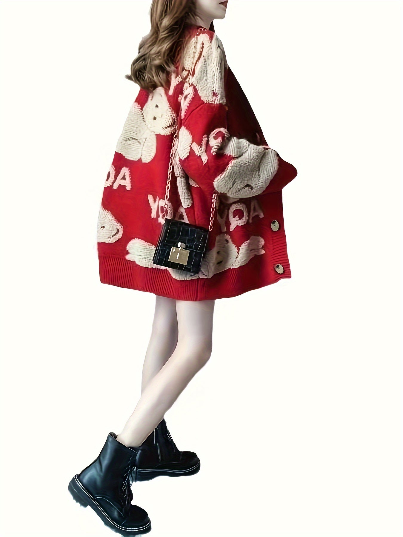 vlovelaw Bear & Letter Pattern Button Front Cardigan, Elegant Long Sleeve Drop Shoulder Outwear, Women's Clothing