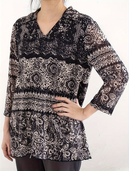 All Over Print V Neck Blouse, Elegant Long Sleeve Blouse For Spring & Fall, Women's Clothing