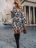 vlovelaw  Cow Print Long Sleeve Dress, V Neck Casual Every Day Dress For Winter & Fall, Women's Clothing