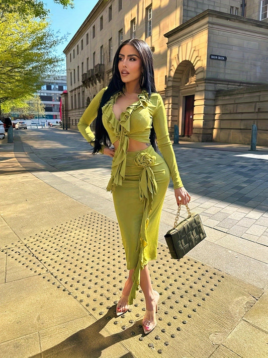 vlovelaw  Sexy Ruffle Trim Slim Skirt Set, Long Sleeve Crop Top & Velvet Bodycon Skirt Outfits, Women's Clothing