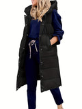 Hooded Sleeveless Coat, Button Front Long Length Casual Warm Outerwear, Women's Clothing