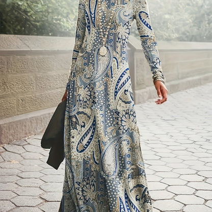 Paisley Print Maxi Dress, Boho Crew Neck Long Sleeve Maxi Dress, Women's Clothing