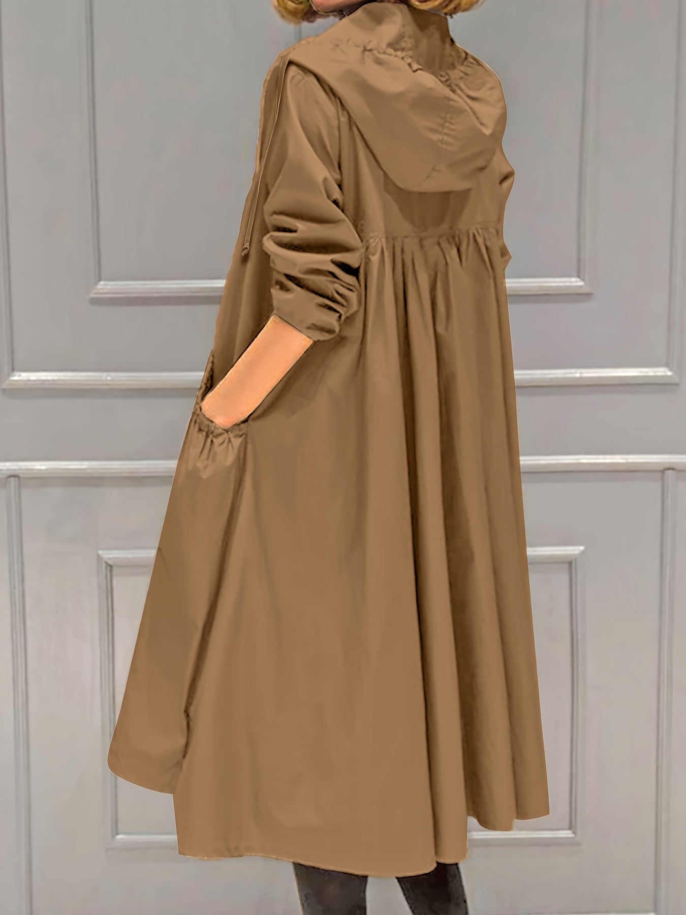 vlovelaw  Plus Size Casual Trench Coat, Women's Plus Solid Long Sleeve Hooded Drawstring Zipper Longline Trench Coat With Pockets