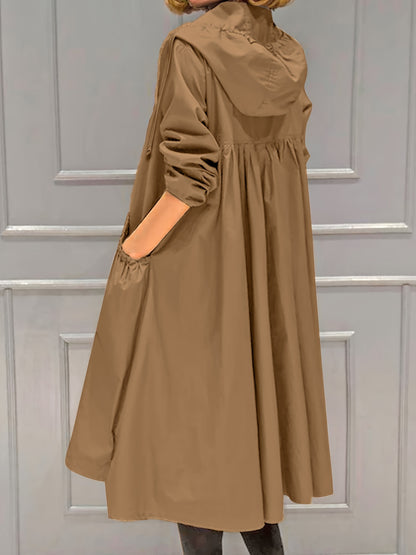vlovelaw  Plus Size Casual Trench Coat, Women's Plus Solid Long Sleeve Hooded Drawstring Zipper Longline Trench Coat With Pockets
