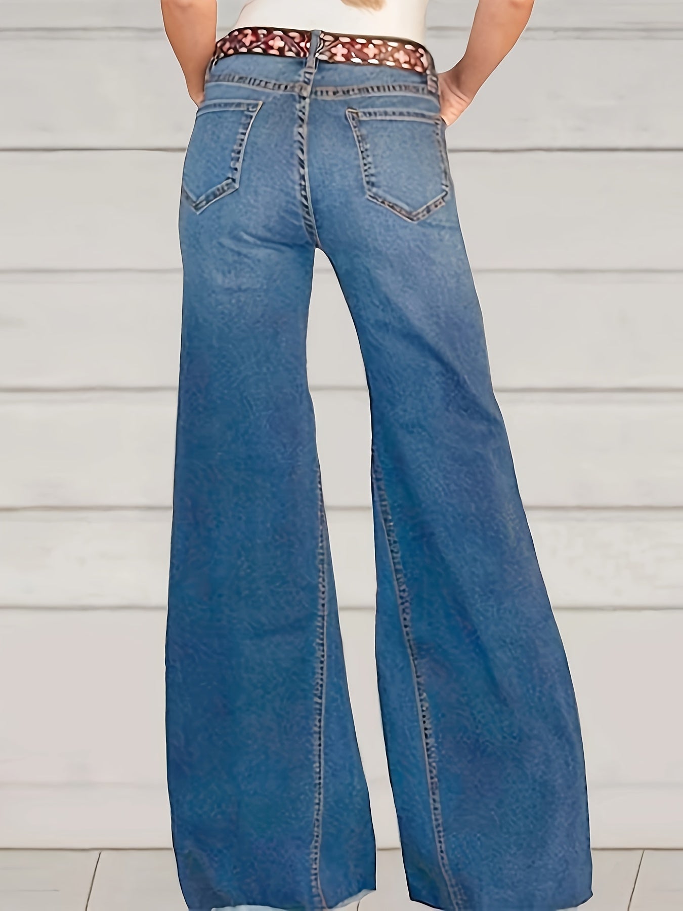 Plus Size Casual Jeans, Women's Plus Washed Button Fly High Stretch High Rise Flared Leg Jeans