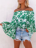 vlovelaw Women's T-shirt Women Floral Print Smocked Cuff Flare Sleeve Shirt