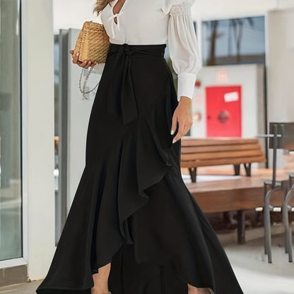 vlovelaw  Solid Ruffle Trim Asymmetrical Skirt, Elegant Belted Mermaid Skirt For Spring & Fall, Women's Clothing