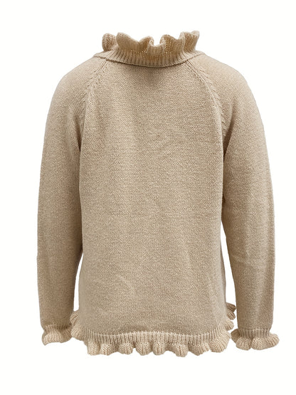 vlovelaw  Solid V Neck Button Ruffle Hem Pullover Sweater, Casual Long Sleeve Sweater For Fall & Winter, Women's Clothing