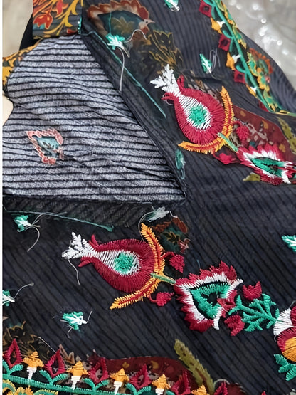 vlovelaw  Ethnic Embroidered Dress, Boho V Neck 3/4 Sleeve Dress, Women's Clothing