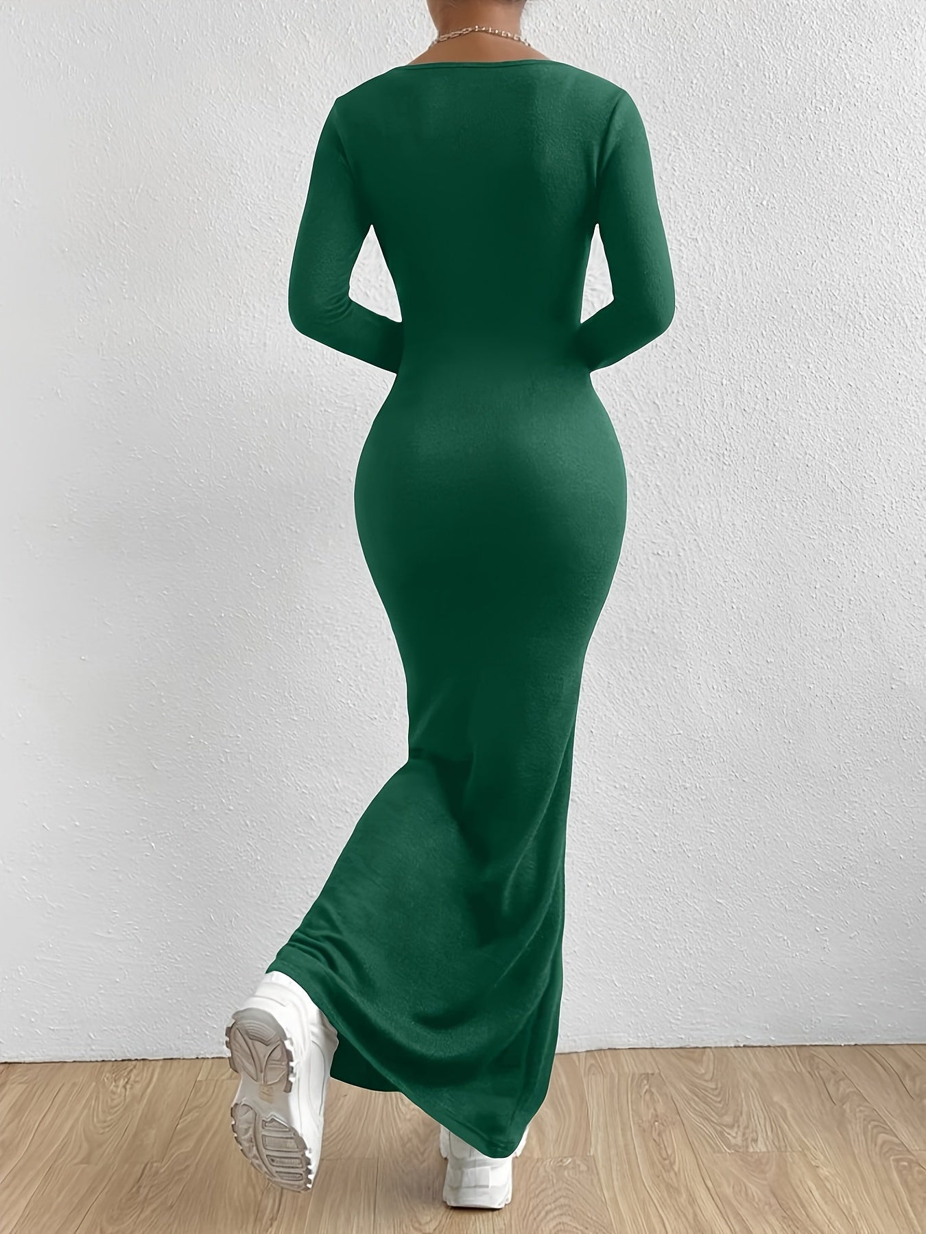 Solid Long Sleeve Knit Dress, Casual Square Neck Slim Dress For Spring & Fall, Women's Clothing