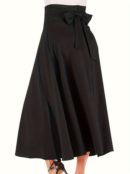 Plus Size Casual Skirt, Women's Plus Solid High Rise Belted Zipper Back A-line Skirt