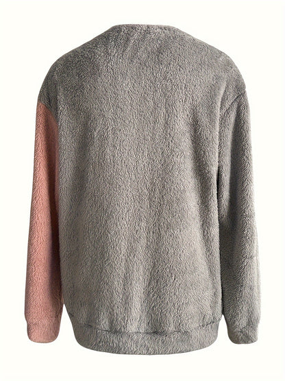 vlovelaw  Contrast Color Casual Pullover Sweatshirt, Long Sleeves Crew Neck Fluffy Sweatshirt, Women's Activewear