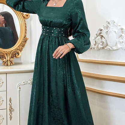 vlovelaw  Square Neck Cinched Waist Dress, Elegant Long Sleeve Dress For Spring & Fall, Women's Clothing