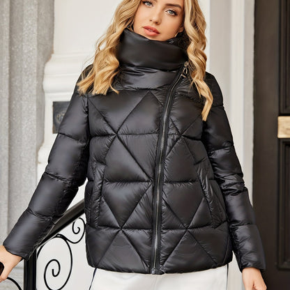 High Neck Zip Up Parka, Winter Thermal Solid Casual Coat, Women's Clothing