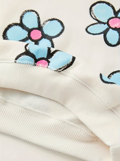 Girls' Spring/Fall Cotton Blend Floral Sweatshirt - Rib-Knit Crew Neck, Comfort Stretch & Vibrant Print