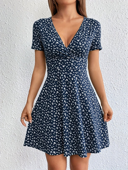 vlovelaw  Ditsy Floral Print Dress, Boho V Neck Short Sleeve Dress, Women's Clothing