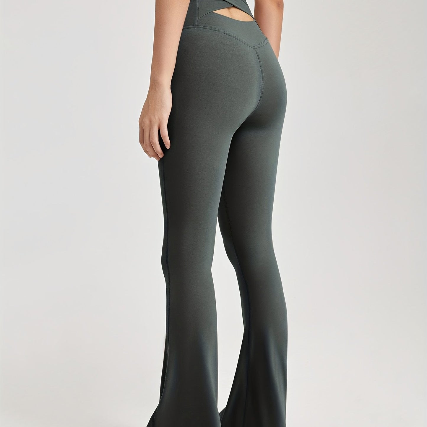 vlovelaw  Hollow Cross Waist Flare Leggins, Solid Color Workout Bootleg Flare Pants, Women's Activewear