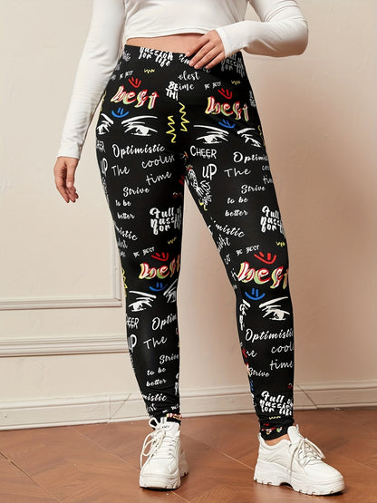 vlovelaw  Plus Size Casual Leggings, Women's Plus Giraffe Print Elastic High Rise Medium Stretch Leggings