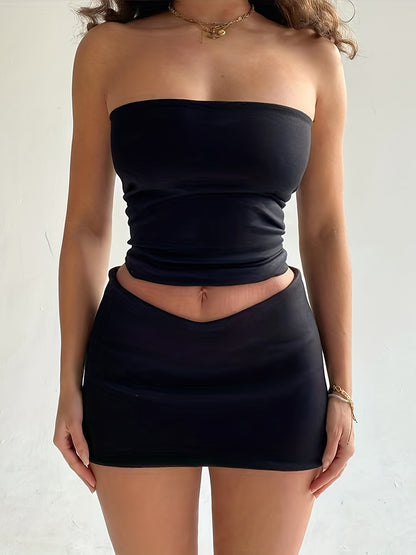 Solid Sexy Two-piece Set, Ruched Off Shoulder Tube Top & Bag Hip Mini Skirts Outfits, Women's Clothing