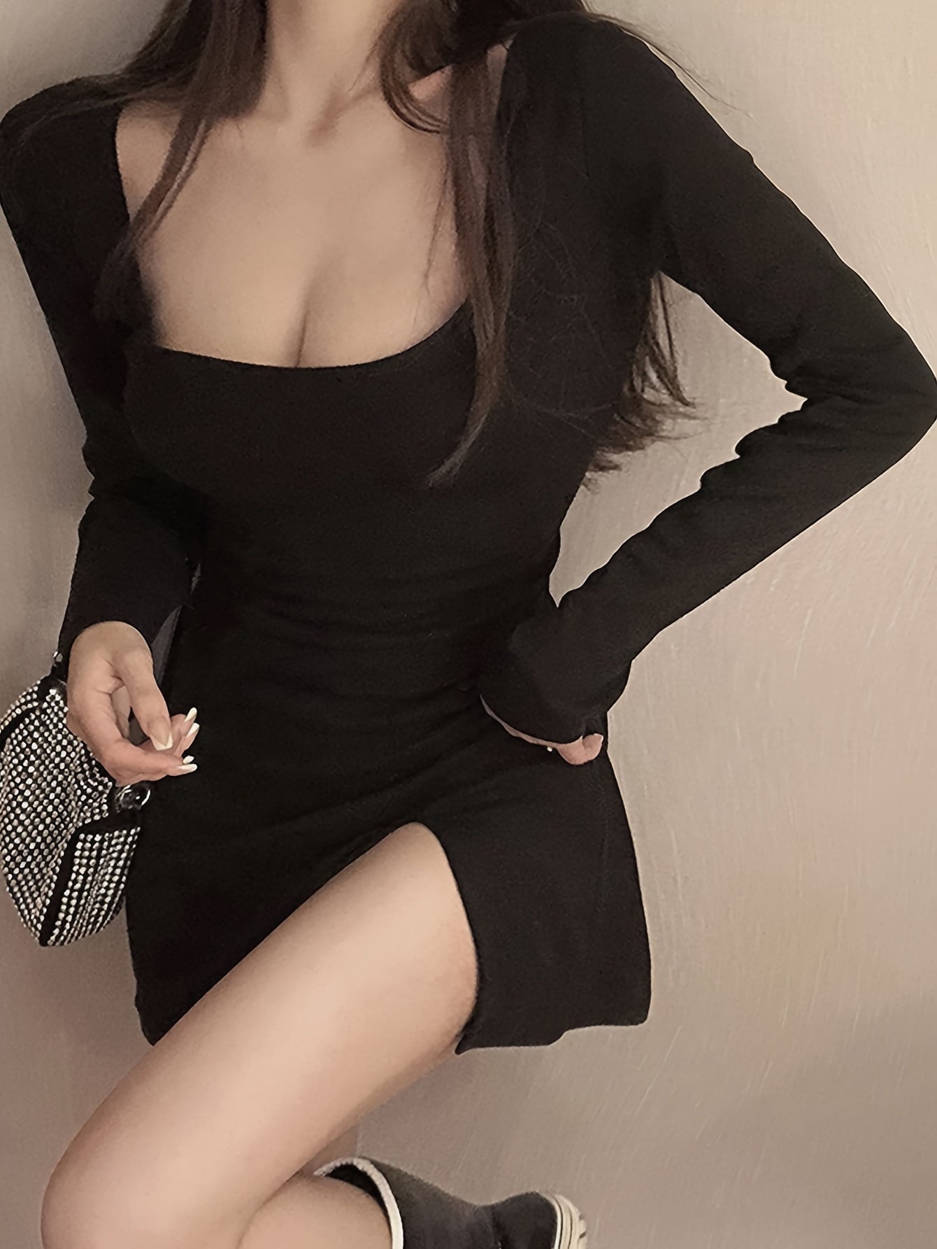 vlovelaw  Solid Square Neck Dress, Casual Long Sleeve Split Bodycon Dress, Women's Clothing