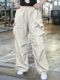 vlovelaw Plus Size Casual Pants, Women's Plus Solid Elastic Drawstring High Rise Loose Parachute Cargo Pants With Pockets