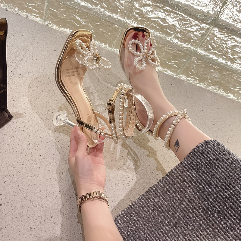 vlovelaw  Women's Faux Pearl Bowknot Decor Sandals, Square Toe Ankle Buckle Strap Slingback Stiletto Shoes, Glitter Dress Shoes