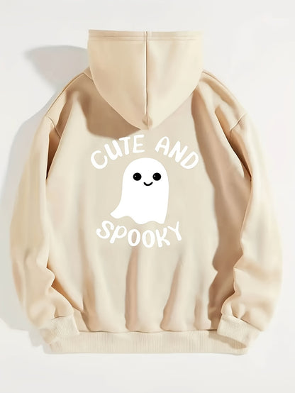Cute Ghost Graphic Long Sleeve Fleece Hooded Sweatshirts For Halloween, Drawstring Sports Hoodie With Front Pocket, Women's Sporty Sweatshirts