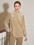 vlovelaw  Solid Mock Neck Velvet T-shirt, Elegant Keyhole Long Sleeve Top For Spring & Fall, Women's Clothing