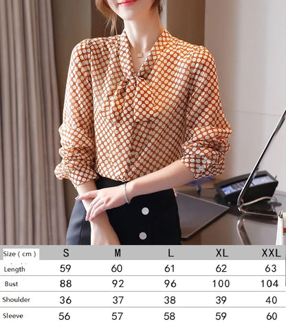 Ribbon Bow Women Silk Print Shirt Polka Dot Long Sleeve Button Up Blouses Office Ladies Casual Shirts Spring Autumn Designer Blouse Fine Elegant Tops Woman