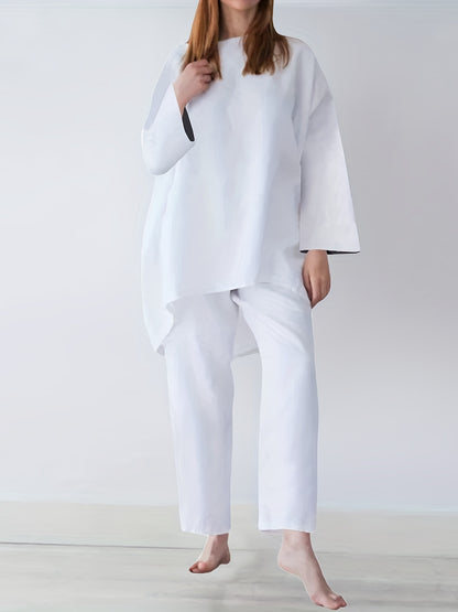 vlovelaw  Solid Casual Two-piece Set, Long Sleeve Crew Neck Loose Tops & Wide Leg Pants Outfits, Women's Clothing