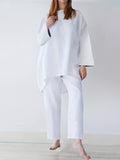 Solid Casual Two-piece Set, Long Sleeve Crew Neck Loose Tops & Wide Leg Pants Outfits, Women's Clothing