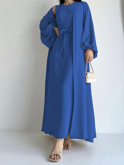 vlovelaw  Ramadan Elegant Solid Two-piece Set, Open Front Coverup & Tie Waist Abayas Outfits, Women's Clothing