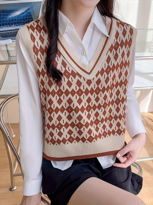 vlovelaw  Allover Pattern V Neck Knitted Vest, Vintage Sleeveless Sweater For Spring & Fall, Women's Clothing