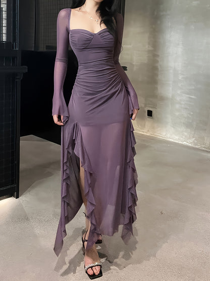 vlovelaw Solid Ruffle Trim Split Asymmetrical Dress, Elegant Flare Sleeve Mesh Ruched Dress, Women's Clothing