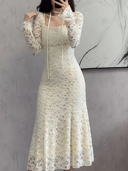 vlovelaw  Square Neck Lace Trumpet Dress, Chic Long Sleeve Ruched Mid Calf Dress, Women's Clothing